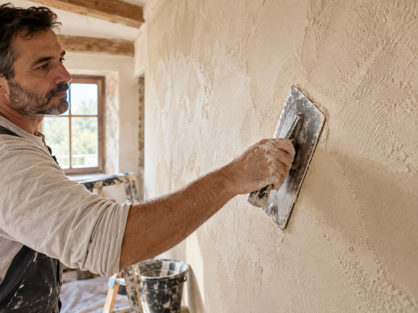 Application d’un enduit décoratif au platoir sur un mur intérieur