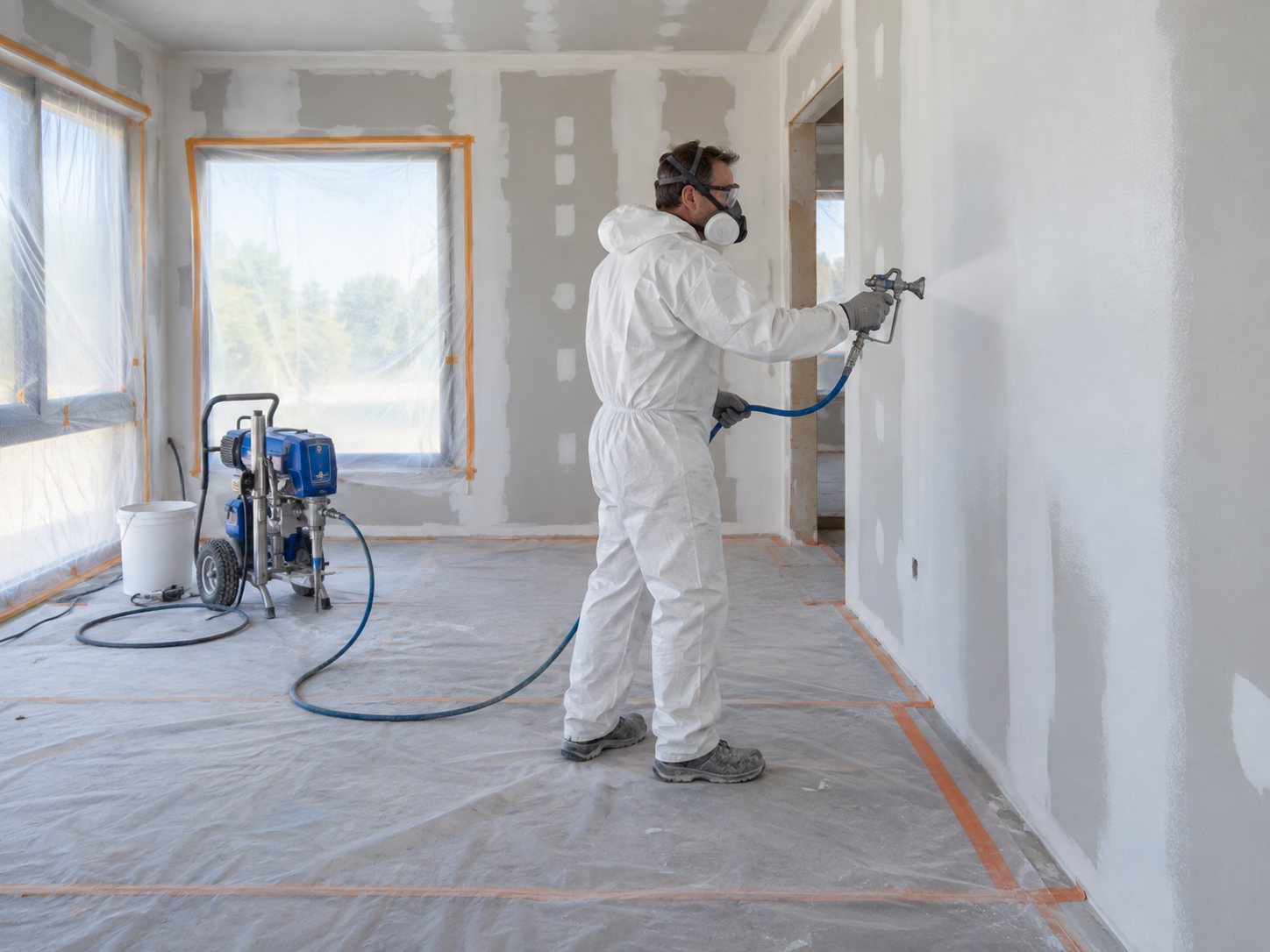 Peintre appliquant la peinture au pistolet sur du placo dans une maison neuve