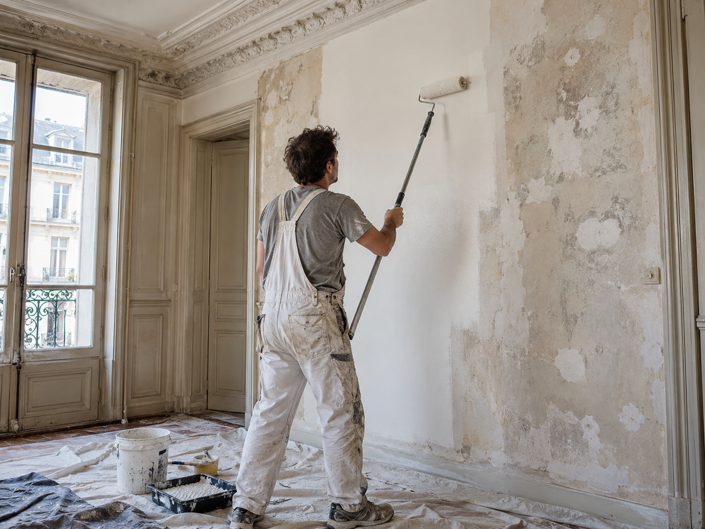 Peintre rénovant les murs d’un appartement ancien au rouleau